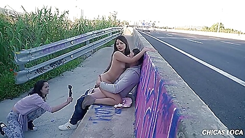 Latina with small tits gets her pussy fucked in the open road