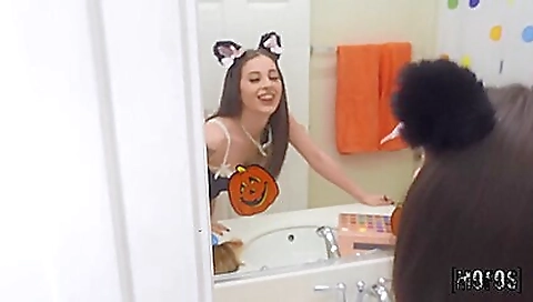 Sexy brunette is in lingerie and she is getting off