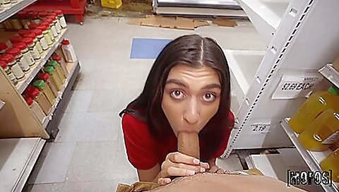 Brunette brunette in red dress sucks a dick in the supermarket
