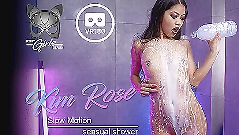 Brunette in white dress and stockings in the shower 038a