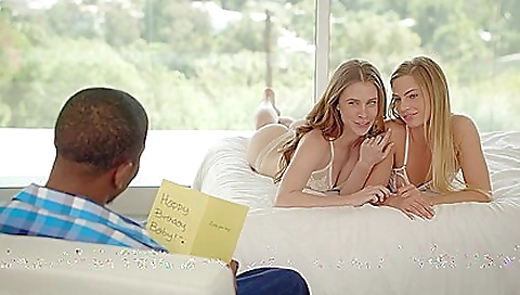 Blonde brunette 18+ threesome with deep throat action