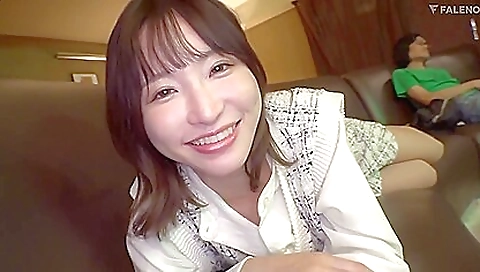 Japanese brunette takes a hard boner and gives a passionate blowjob