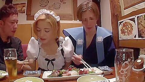 Japanese blonde maid has a hairy pussy and a fat dick