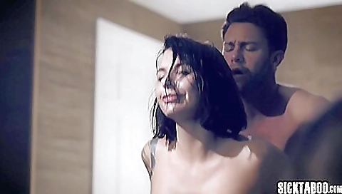 Brunette with big tits and a sexy ass sucks a dick