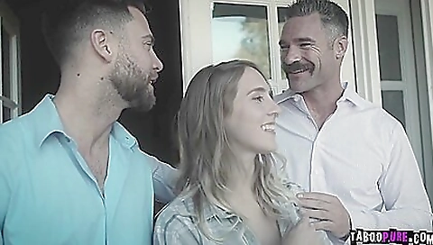 Blonde teen babe in lingerie gets fucked by two hot dudes