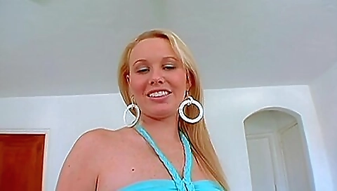 Petite blonde with large tits in a deepthroated blowjob