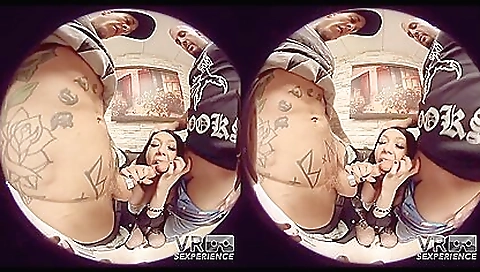 Busty brunette 18+ is giving a blowjob in a bdsm scene