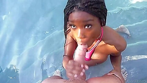 Brunette ebony in the pool getting fucked by white guy