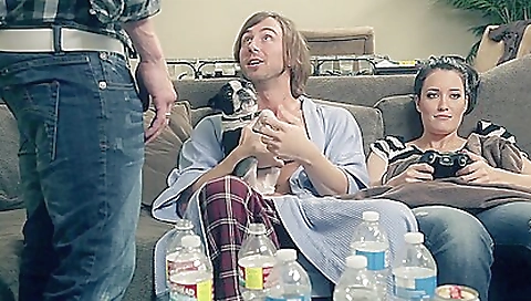 Hairy brunette gets her pussy pounded by two cocks